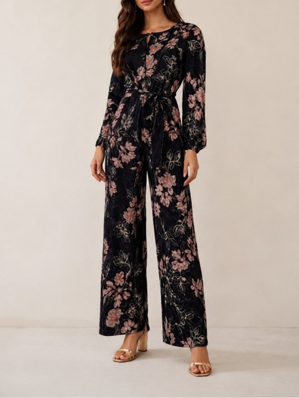 Anthro Harlyn Audria Black Floral Balloon Sleeve Belted Glam Jacquard Jumpsuit